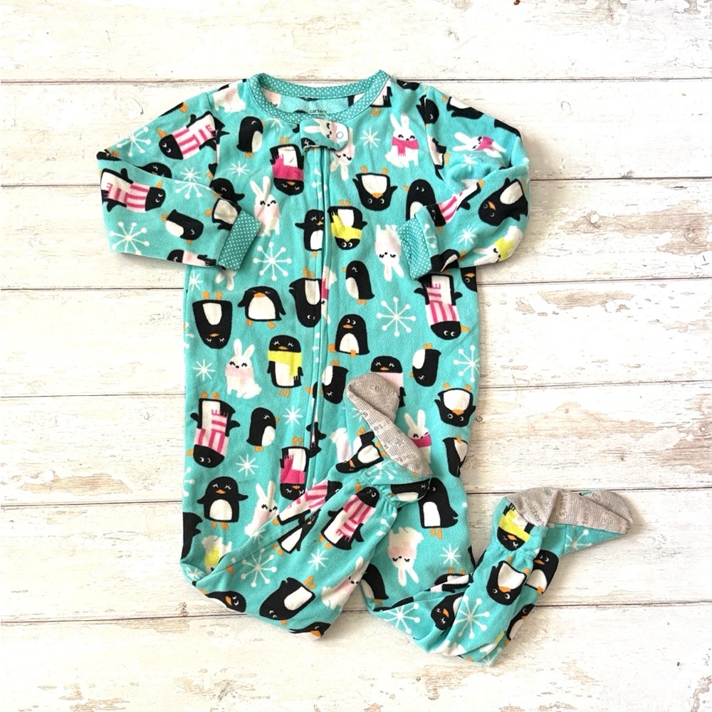Carters 3T Girls Fleece Zip Up One Piece Penguin Pajamas Footie Pjs Kids Sz 3